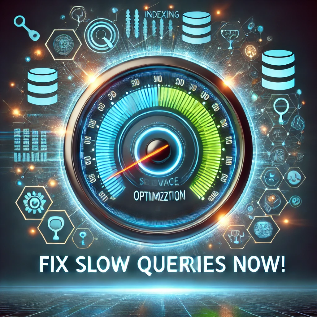 A professional and visually striking image symbolizing database optimization. The design features a futuristic speedometer, glowing database icons, and interconnected lines representing indexing. The colors are vibrant blues and greens. The text overlay reads 'Fix Slow Queries Now!' in large, bold, and clear modern typography that is highly legible and stands out against the background.